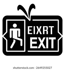A black and white graphic sign featuring a running man pictogram and the word EXIT. The sign has a modern design with a white border and decorative elements at the top.