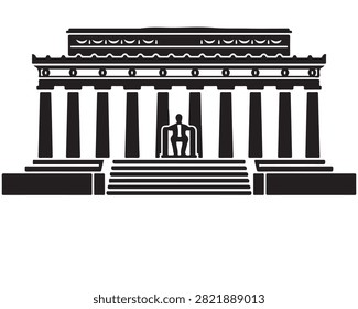 Black and white graphic silhouette of a classical temple building featuring a seated statue figure monument architecture silhouette building classical memorial landmark structure government