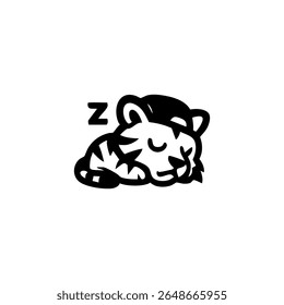 Black and white graphic of a sleeping tiger wearing a cap