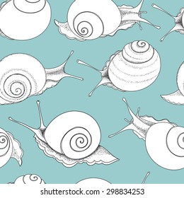Black and white graphic snails background. Vector seamless pattern.