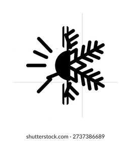 Black and white graphic of a snowflake and sun combined