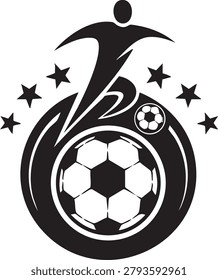 A black and white graphic of a soccer player kicking a ball with stars surrounding, in a dynamic pose with a large soccer ball and smaller one, on a pure white background.