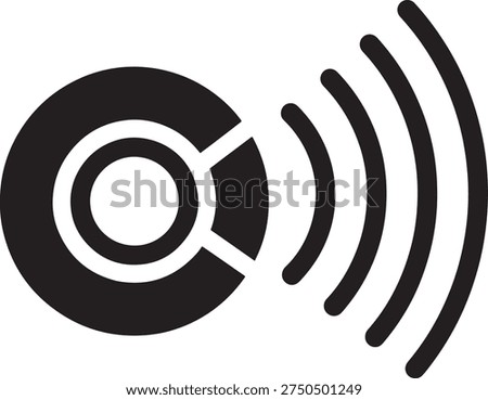 A black and white graphic of sound waves emanating from a circular source
