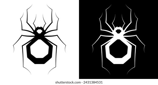 Araña gráfica en blanco y negro, imagen estilizada simple de una araña en dos varios. Simple insecto estilizado, elemento aislado del insecto para el diseño del signo de la marca, logotipo, icono, otro. Ilustración vectorial.