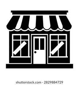 Black and white graphic of a storefront with a striped awning. Windows are boarded up, indicating a closed, vacant, or abandoned shop.