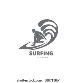 Black and white graphic surfing logo template with surfer silhouette, surfboard and wave, vector illustration isolated on white background.