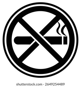 Um símbolo gráfico a preto e branco que representa um cigarro com fumaça dentro de um círculo com uma linha diagonal através dele, indicando proibição.