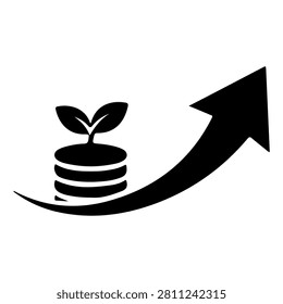 A black and white graphic symbolizing growth, development, and progress through a plant intertwined with an upward arrow.