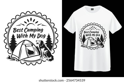 A black and white graphic tee design featuring a stylized camping scene with a dog.