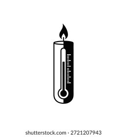 Gráfico preto e branco de um termômetro em forma de vela com uma chama.