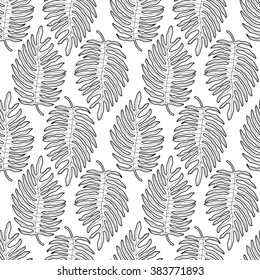 Black and white graphic tropical leaves seamless pattern. Palm tree background. Textile, fabric, texture, poster. Vector illustration