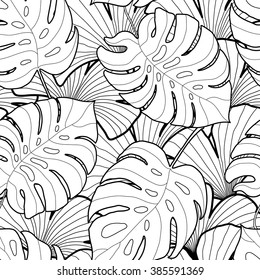 Black and white graphic tropical leaves seamless pattern. Palm tree background. Textile, fabric, texture, poster. Vector illustration