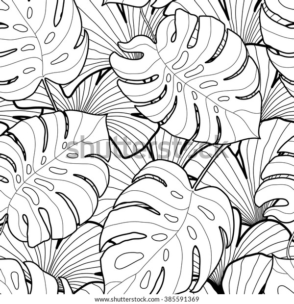 Black White Graphic Tropical Leaves Seamless Stock Vector Royalty Free