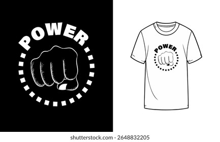 Black and white graphic T-shirt with bold POWER text and punch fist design in a dotted circle. Streetwear style for strength, action, and empowerment themes.