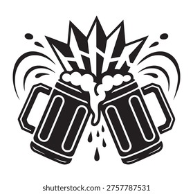 Black and white graphic of two beer mugs clinking with cannabis leaves and foam explosion