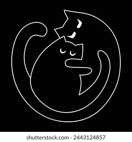 Black and white graphic of two cats forming a yin yang symbol on a dark background.