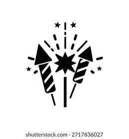Black and white graphic of two fireworks rockets exploding with stars and sparks explosion