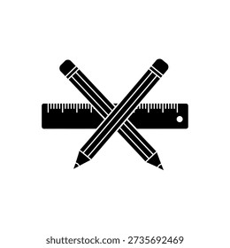 Black and white graphic of two pencils crossed over a ruler, symbolizing education, design, or measurement.