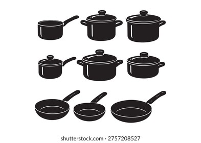 A black and white graphic of various pots, pans, and saucepans arranged in rows.