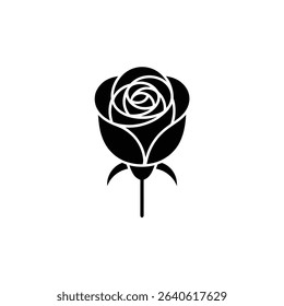 Black and white graphic vector image of a rose, including its stem and sepals, for use in designs, graphics, or logos. Great for backgrounds.