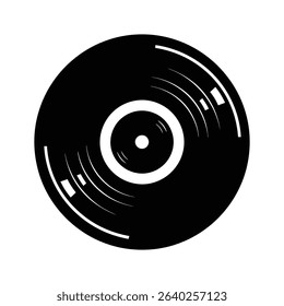 A black and white graphic of a vinyl record, showing the grooves and central label.
