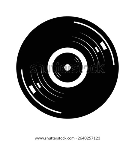 A black and white graphic of a vinyl record, showing the grooves and central label.
