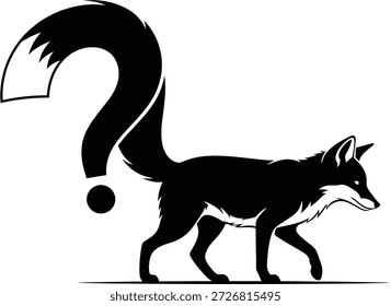 Black and white graphic of a walking fox whose tail forms a large question mark, representing curiosity, puzzle, or unknown