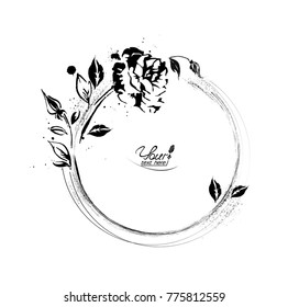 Black and white, graphic, watercolor flower frame with rose