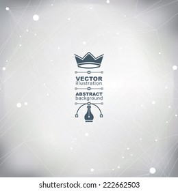 Black and white graphic web background with spot elements and connected dots, mesh vector abstract complicated cover created from geometric transparent figures, eps10 tech illustration.