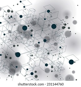 Black and white graphic web background with spot elements and connected dots, mesh vector abstract complicated cover created from geometric transparent figures, eps10 tech illustration.