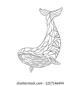 Black and white graphic whale on a white background, for tattoo, cards, crying, your business. Vector illustration