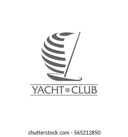 Black and white graphic yacht club, sailing sport logo template with steering wheel, vector illustration isolated on white background. Graphic yacht, sail boat logotype, logo design