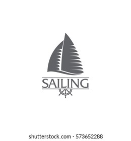 Black and white graphic yacht club, sailing sport logo template with steering wheel, vector illustration isolated on white background. Graphic yacht, sail boat logotype, logo design