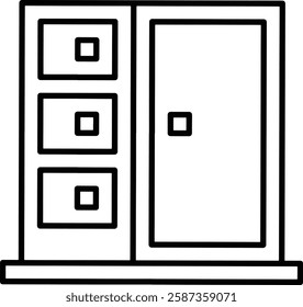 A black and white graphical depiction of a wardrobe featuring cabinets and drawers in an outlined style. Simple storage design executed in a minimalist fashion.