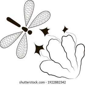Gráficos en blanco y negro. Composición con flores y una libélula. Vector.