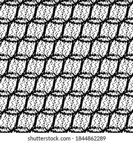 Black and white graphics with a pattern of interlaced threads, sprinkled with pixels. Large mesh net. Old decorative background.
