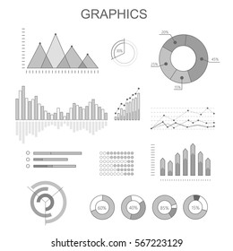 Black and white graphics poster with diagrams in round, rectangular shapes rising, falling column charts. Colourless banner with business concepts for demonstrating progress and regressions.