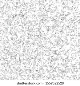 Black and white graphics with small polygonal figures scattered in a multitude of dashes and dots. Wall paper or printing for textiles and some surfaces.