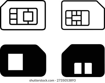 Black and white graphics of subscriber identity module cards for mobile phones. Minimalist design for telecommunication service providers. Icons representing cellular network chips and smart card technology. Set of symbols for global communication and data access.