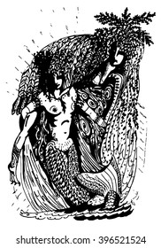 Black and white graphics: two mermaid - two archaic spirit of nature