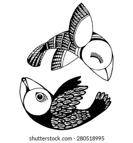 Black and white graphics, vector floating stylized birds flying in a circle isolated on white background. Made by hand in ink.