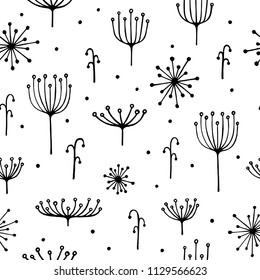 Black and white graphics. Vector herbal seamless pattern.