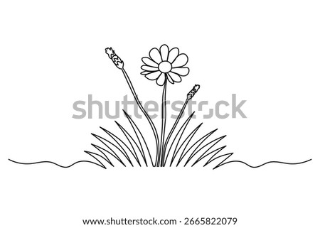 Black and white grass and flower continuous one line art drawing for elegant branding