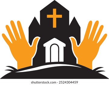 Um Túmulo preto e branco, Design de logotipo da Igreja com mãos laranja rezando