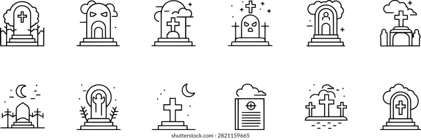 Black and white gravestone tombstone icon set, cemetery memorial cross cloud symbol collection, minimal vector artwork, clean graphic illustration style