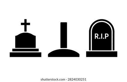 Black and white graveyard icons set with cross tombstone and rip marker
