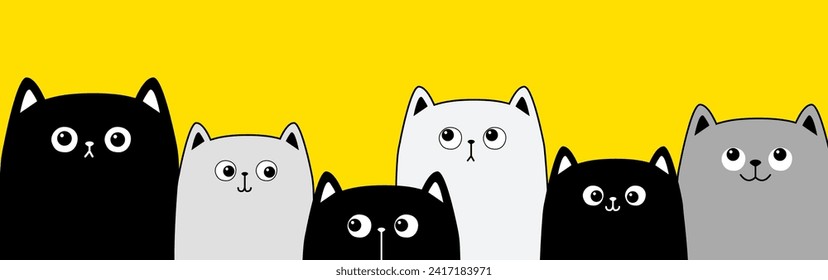 Black white gray cat face head set. Cats kittens family. Line banner. Cute cartoon funny character. Contour doodle. Pet baby collection. Love card. Sticker print. Flat design. Yellow background Vector
