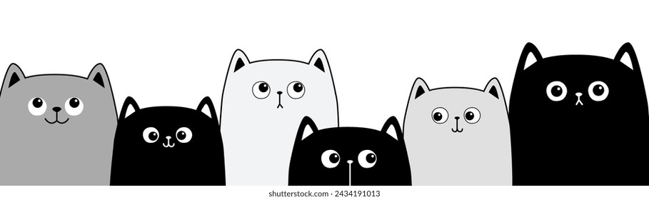 Juego de cabeza de gato gris blanco negro. Banner de línea. Gatos gatitos familia. Caricatura lindo personaje divertido. Garabato de contorno. Colección de bebés para mascotas. Tarjeta de amor. Estampado de pegatinas. Diseño plano. Fondo blanco. Vector