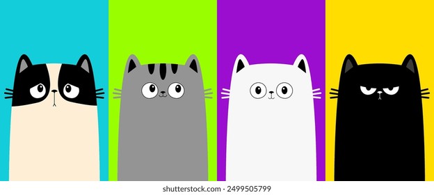 Negro, blanco, gris, icono del gato. Gatito establece la línea. Cabeza de cara graciosa. Lindo personaje de dibujos animados. Animal kawaii. Una emoción diferente. Triste, feliz, enojado. Anuncio de tarjeta de amor. Diseño plano. Fondo colorido. Vector