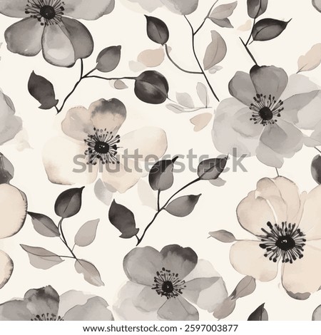 Black, white, and gray flowers on a cream background, watercolor flower seamless pattern. Watercolor print in rustic vintage style, textile or wallpaper.